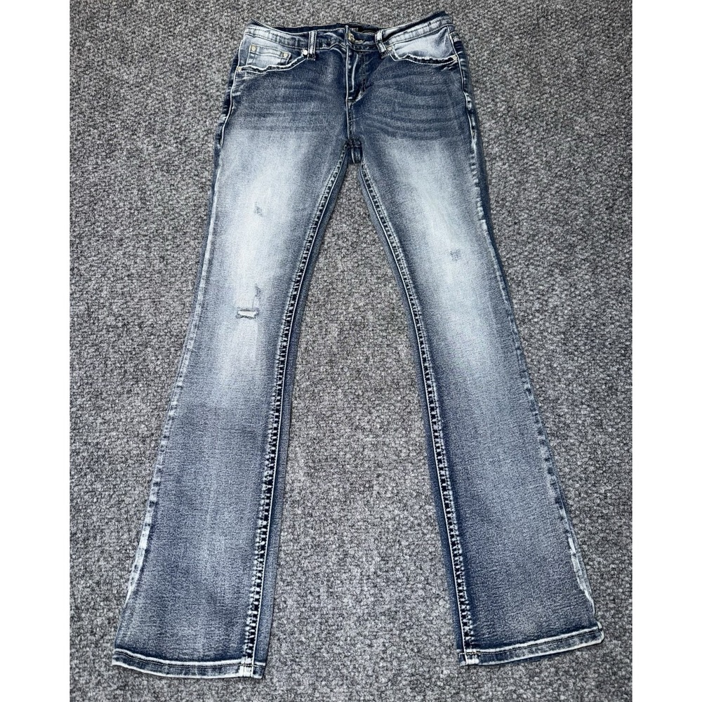 Flamingo Womens Bootcut Jeans Medium Wash Slim Fit Stretch Distressed Size M